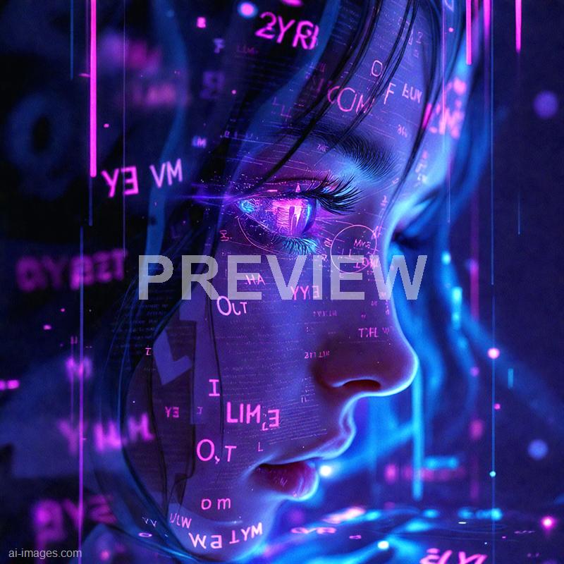 A futuristic digital artwork features a close-up profile of a human face, illuminated by vibrant neon purple and blue lights. The face is adorned with holographic text and symbols, with glowing elements emphasizing the eye, cheek, and lips, creating a high-tech, cybernetic aesthetic. The background is dark, with scattered light streaks and floating text, enhancing the sci-fi atmosphere of the image.